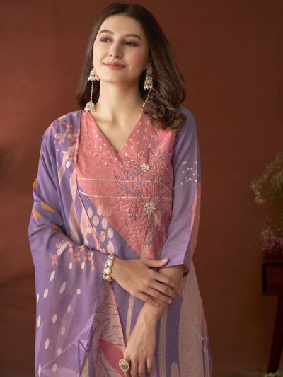 Lavender Floral Embroidered Beads & Stones Linen Kurta with Trousers & Dupatta