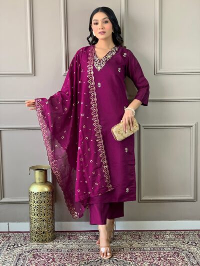Floral Embroidered Regular Straight Kurta With Trousers & Dupatta