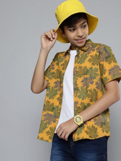 Boys Yellow Floral Printed Cotton Casual Shirt