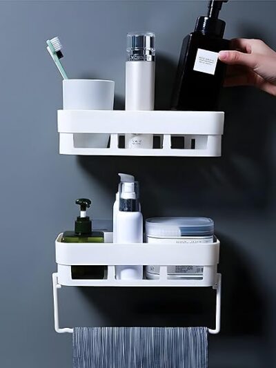HOUSE OF VIPA Plastic Bathroom Shelf For Wall, Self-Adhesive Bathroom Organiser With Towel Holder, Ideal Bathroom Accessories For Efficient Space Utilisation (Bath Shelf, 2 Pack), Multicolor