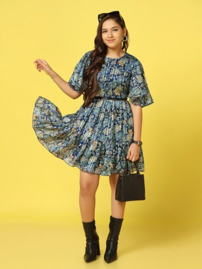 Girls Floral Print Flared Sleeve Georgette Fit & Flare Dress