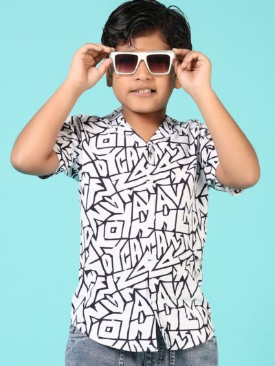 Boys Cuban Collar Typography Printed Casual Shirt