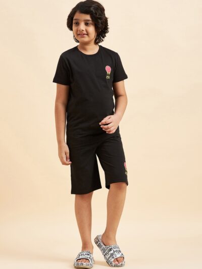 Boys Black Graphic Printed Night suit